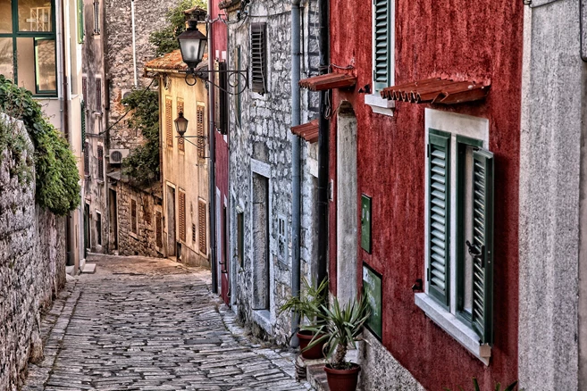 Croatia - Rovinj on Istria peninsula. Old town cobbled street