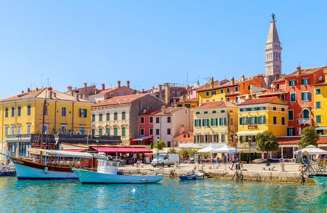 Colorful Rovinj in Istria with boats in the port, Croatia