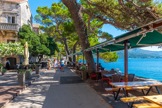 View of seaside promenade in the old town of Korcula, Croatia