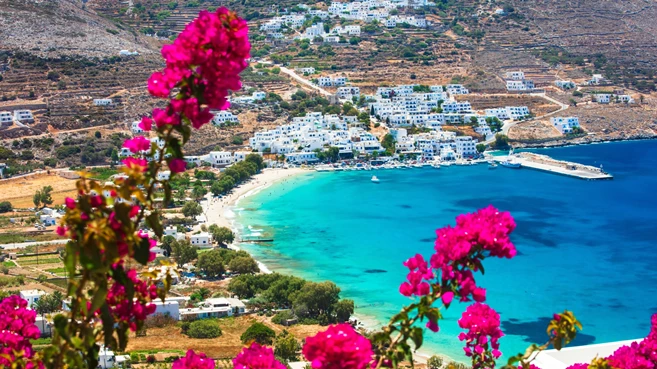 Stunning Greek beaches in Amorgos island, scenic Aegialis bay with turquoise sea