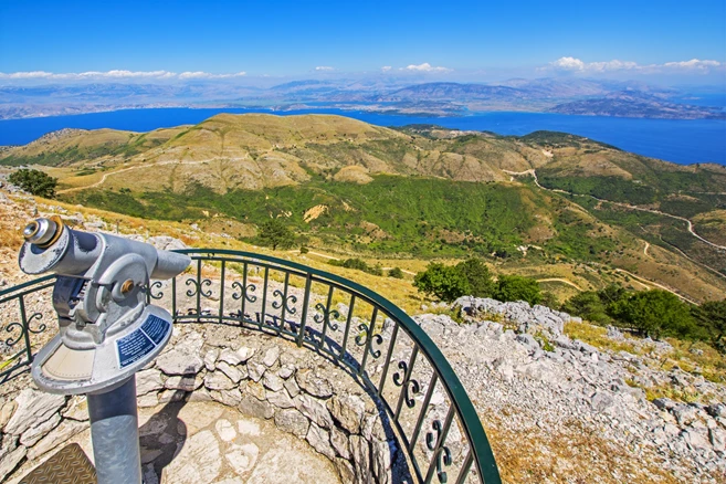 View of Corfu island from the top of Mount Pantokrator