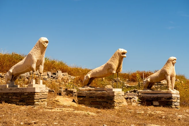 Antique three stone guardian lions sculptures on Delso Island