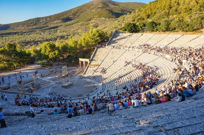 Epidaurus theatre full with visitors