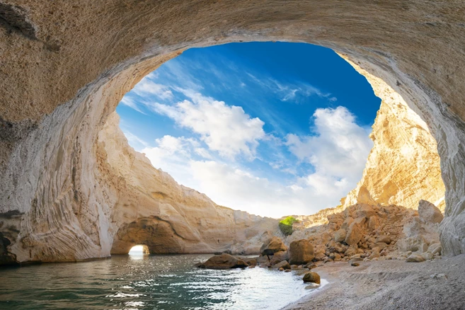 View of the volcanic open cave of Sykia, Milos island