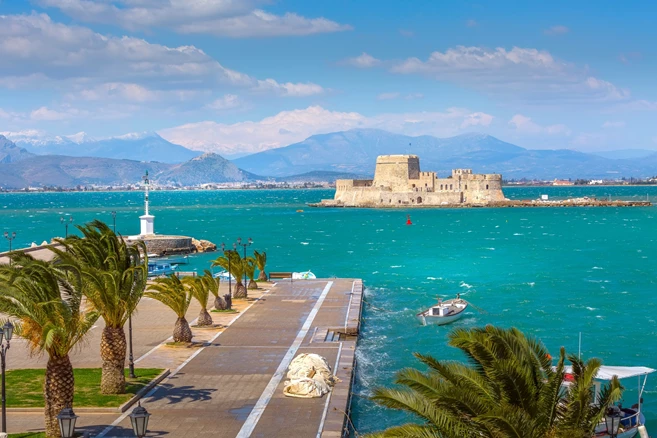 Nafplio promenade with the Palamidi fortress