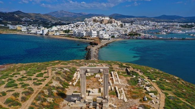 Aerial drone panoramic view of iconic and unique Temple of Apollon or Portara