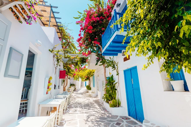 Narrow street of Naoussa flanked by whitewashed walls of traditional greek island houses