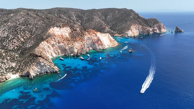 The rugged coastline of Polyaigos island