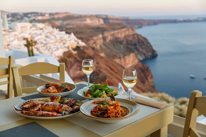 Typical greek seafood selection at a restaurant perched on top of the cliffs of Santorini