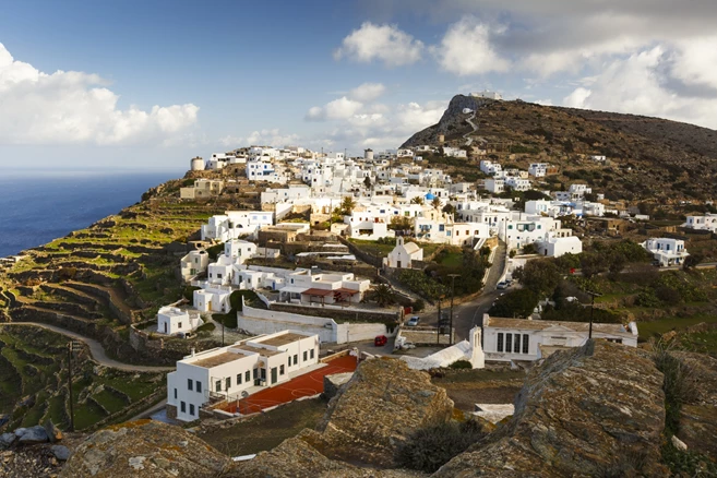 View of Kastro village on Sikinos island in Greece