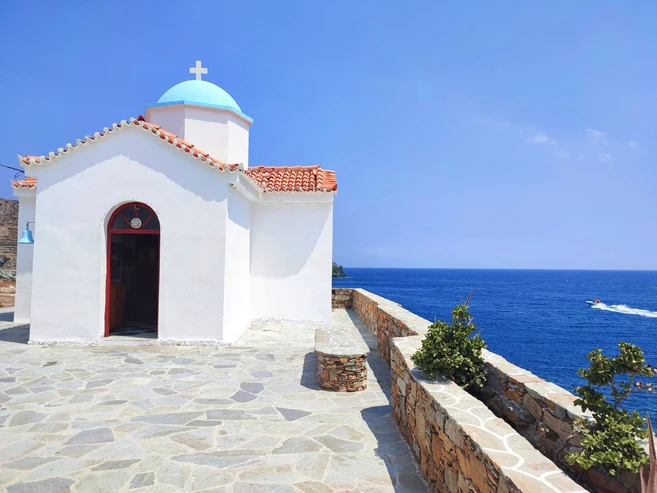 a small church overlooking the Aegean Sea in Kanala, Kythnos, Greece