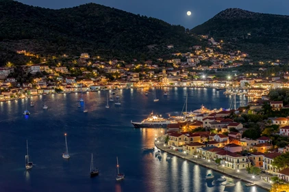 Evening photo of Vathi, the largest harbour on the island of Ithaca