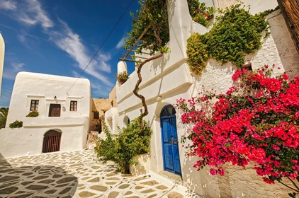 A view of white houses with flower pots in a traditional village on Sikinos island